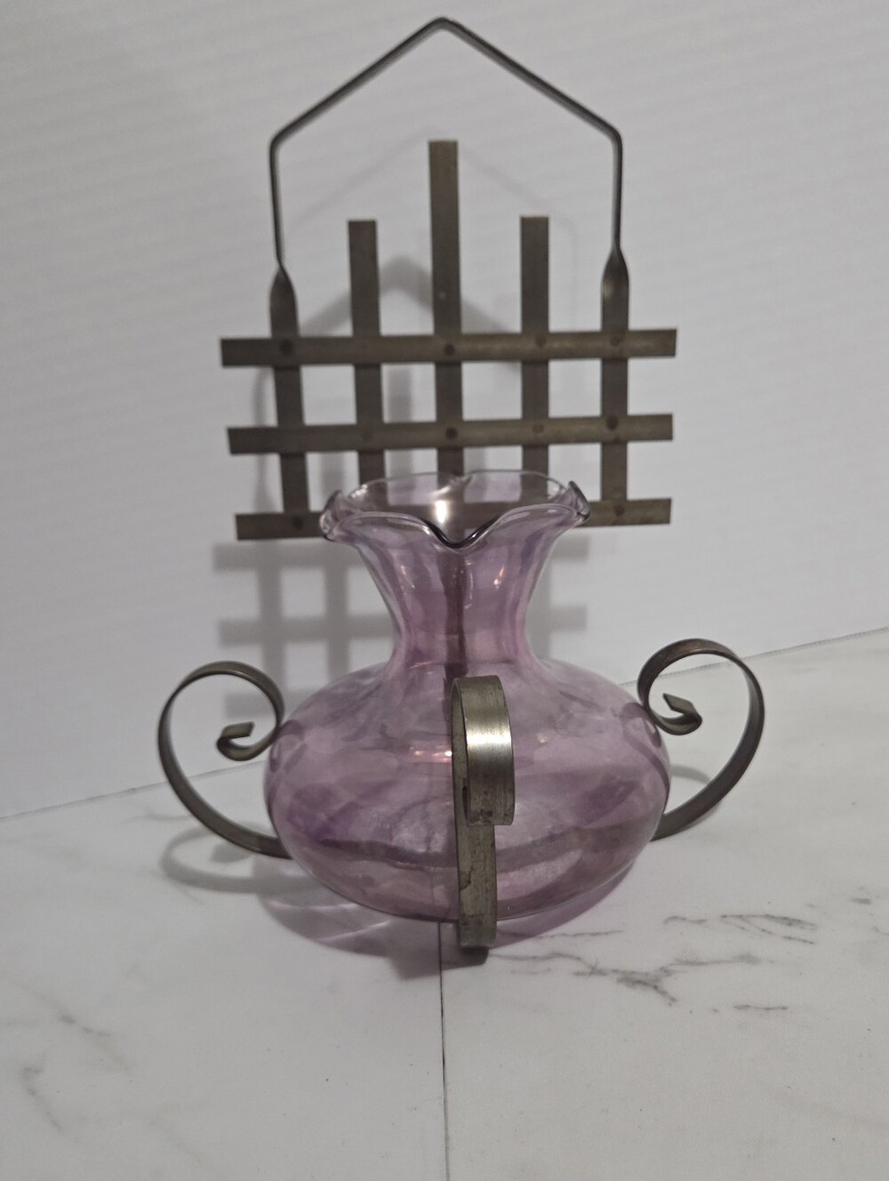 Vintage Amethyst Art Glass Wall Piece With Steel Scroll Wall Mount - 10x7.5"